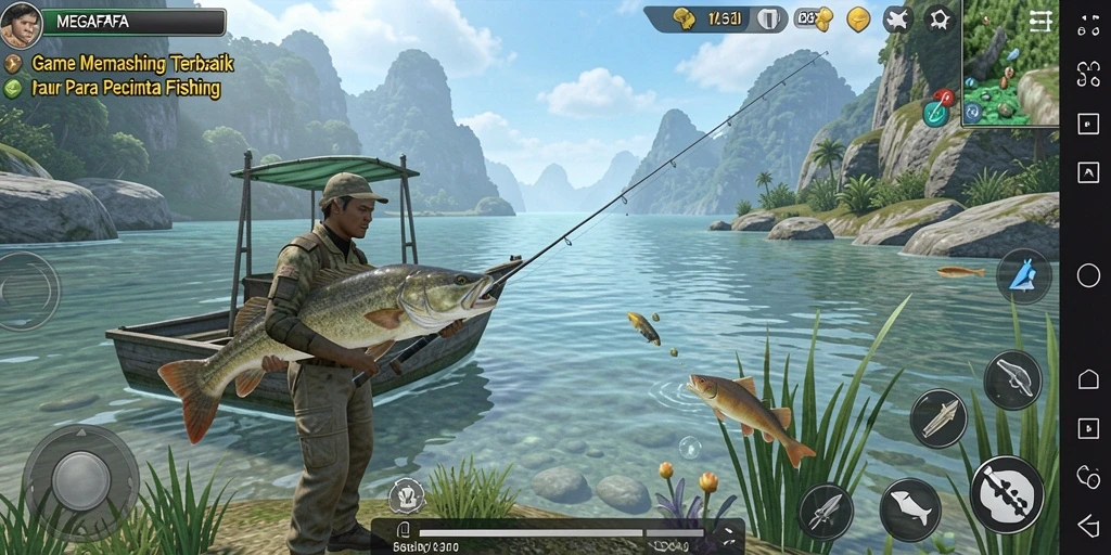 Tampilan menarik dari gameplay MEGAFAFA yang menyuguhkan aksi memancing.
