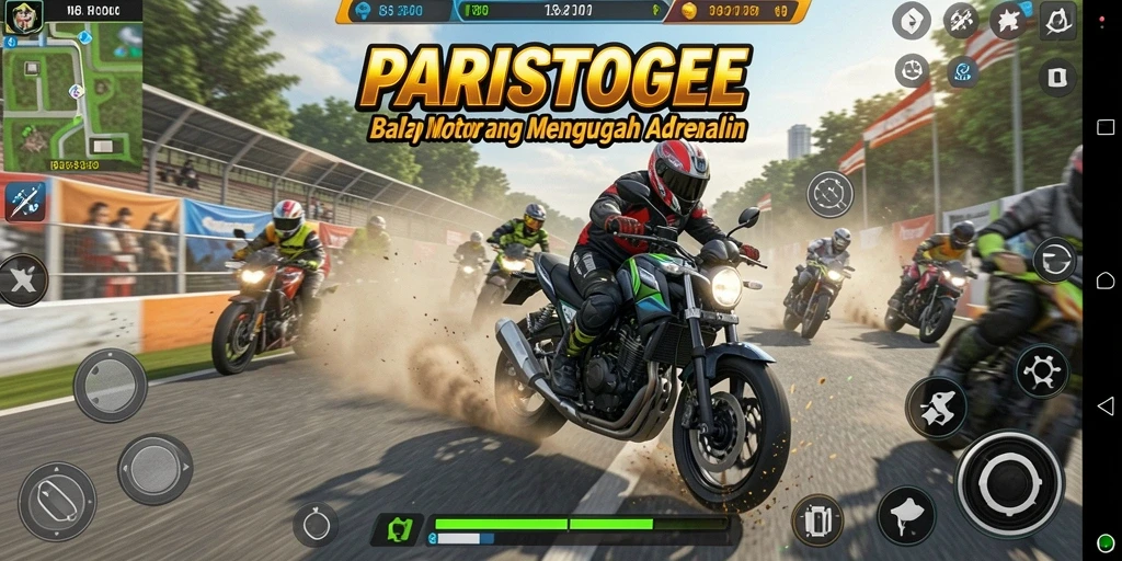 Menampilkan gameplay seru balapan motor yang mendebarkan.