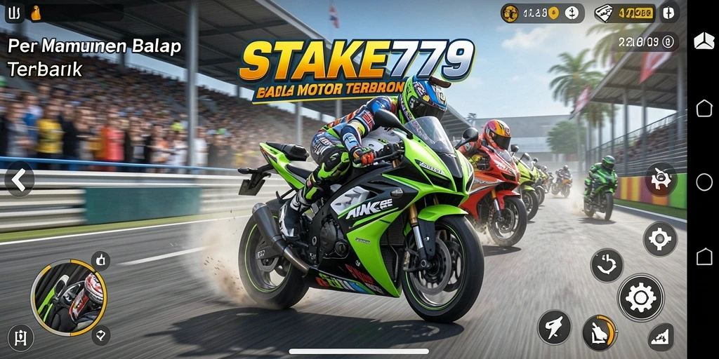 Tampilan gameplay seru di STAKE779 dengan balapan motor yang mendebarkan.